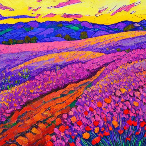 Prompt: a field of poppy flowers and lilac in front of rolling hills during sunset, art by erin hanson, oil painting, muted colors