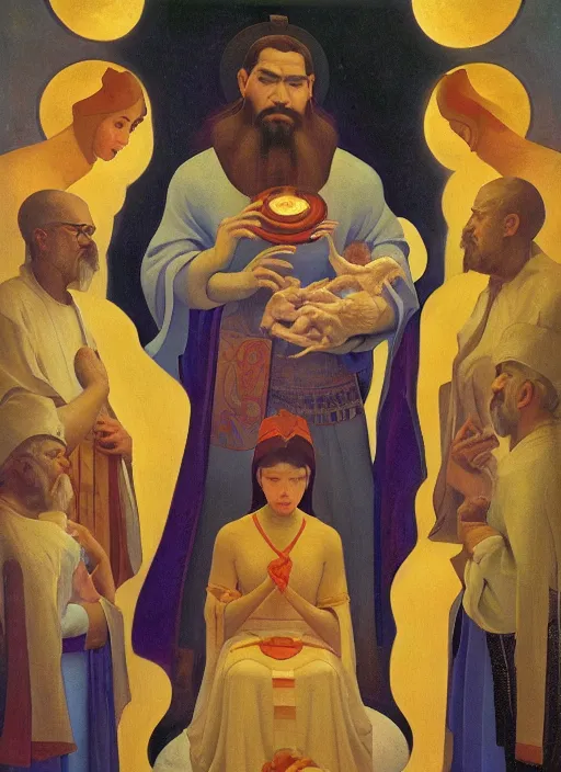 Prompt: transcendental adoration of the magi, occult rune symbolism epic surrealism 8k oil painting, portrait, perspective, high definition, cinematic, post modernist layering, by Nicholas Roerich, Annie Swynmerton, Diego Rivera, John William Godward