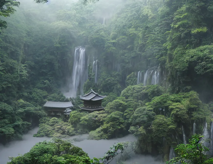 Prompt: a cinematic widescreen photo of epic ancient japanese hot springs temples on the top of a mountain in a misty bamboo cloud forest with waterfalls in winter by lee madgewick and studio ghibli