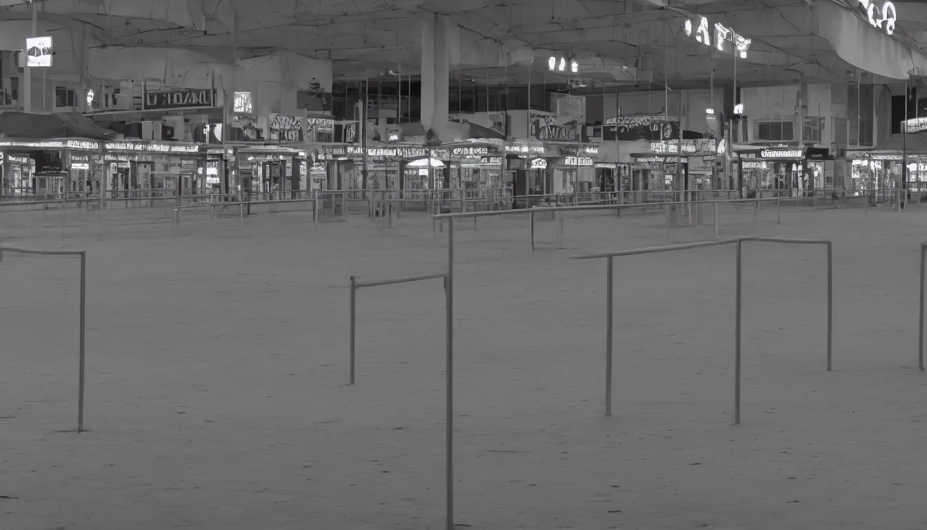 Prompt: empty fair, counters, no people, sad, melancholic, depressing, very detailed, emotional, 4 k