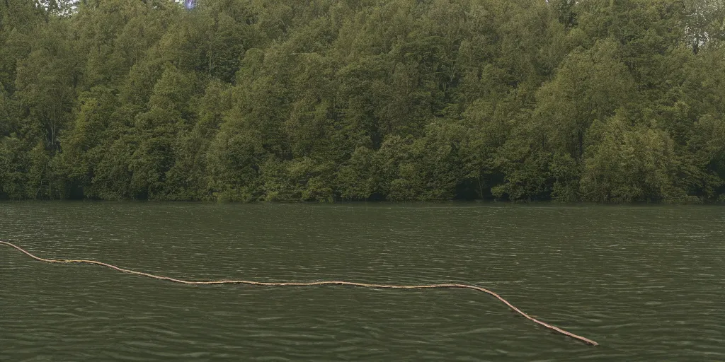 Image similar to an long rope zig - zagging across the surface of the water into the distance, floating submerged rope stretching out towards the center of the lake, a dark lake on an overcast day, atmospheric, color film, trees in the background, 4 k photo, anamorphic lens