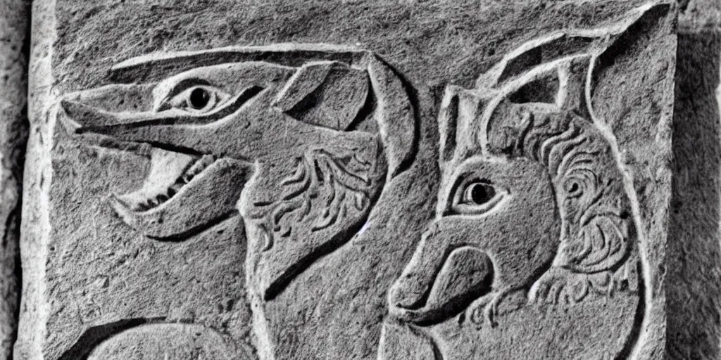 Prompt: anthropomorphic furry wolf depicted in ancient stone carving, 1900s photograph