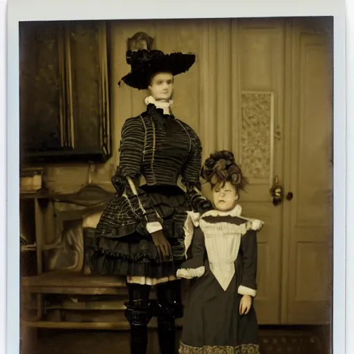 Image similar to portrait of a life size victorian female robot standing in with a human child in her care, 8 k, soft lighting, highly detailed realistic, face in focus polaroid photography