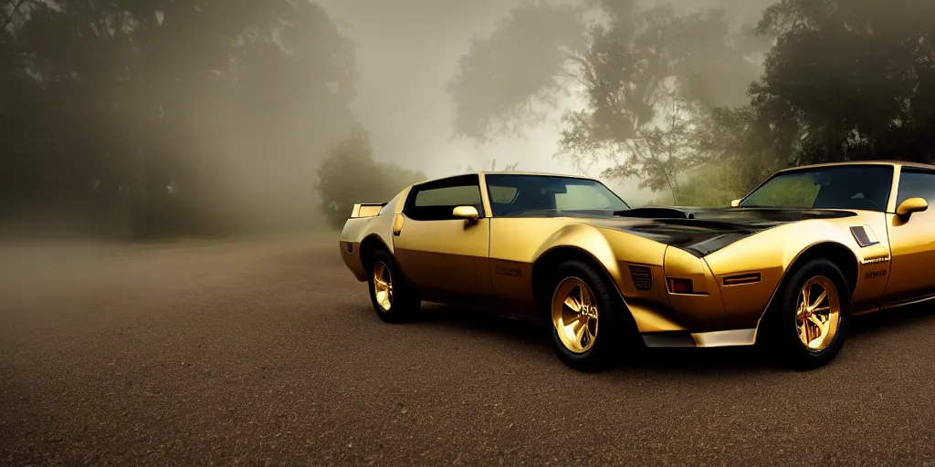 Image similar to parked black Pontiac Firebird Trans Am from Knight Rider, fog, rain, volumetric lighting, beautiful, golden hour, sharp focus, ultra detailed, cgsociety