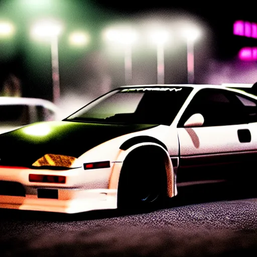 Image similar to a car 300ZX turbo drift at illegal car meet, Saitama prefecture, midnight mist lights, cinematic color, photorealistic, highly detailed wheels, highly detailed