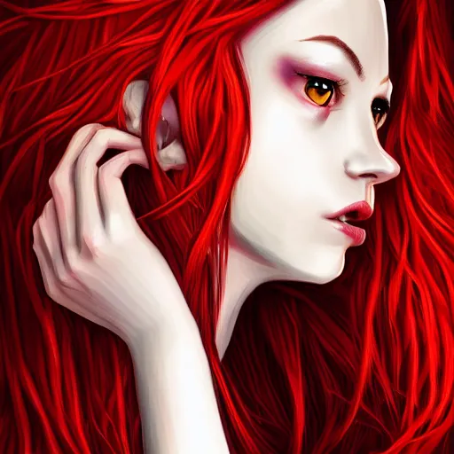 Image similar to portrait of a young red haired half human half dragon girl, digital art, extremely detailed