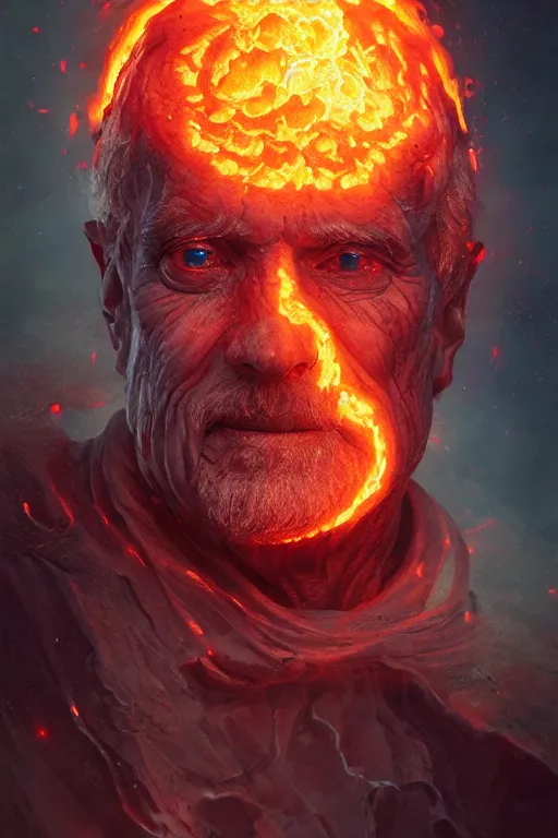 Image similar to the look of an elderly person, necromancer, witch - doctor covered with lava exploding into fire crystals, full of wrinkles and imperfections by artgem and greg rutkowski, highly detailed, high contrast, light reflection, trippy, nebula, trending on artstation