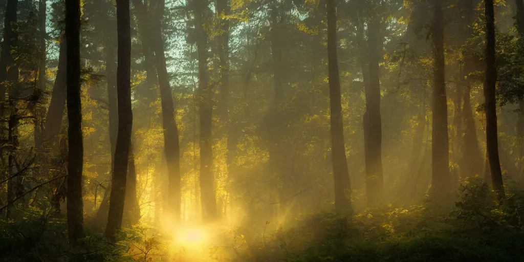 Prompt: sunset light through a dense forest, volumetric lighting, volumetric fog, stream