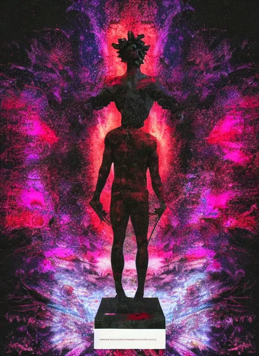 Prompt: black background with very subtle red and purple design elements, statue of david, powerful, nekro, graphic design, collage art, thin lines, dark, glitch art, neo vaporwave, gritty, layout frame, square, trending on artstation