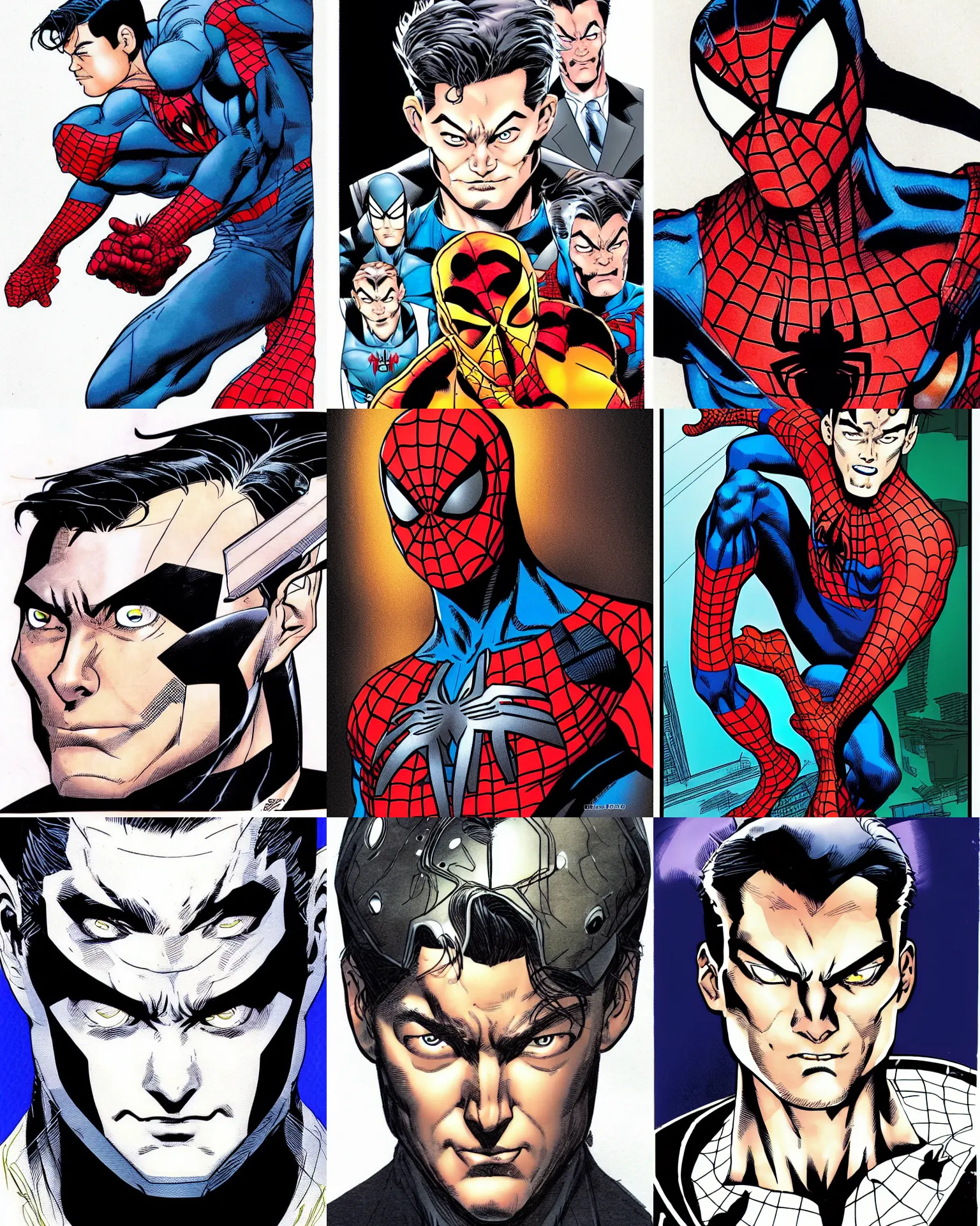 Prompt: jim lee!!! flat ink colored sketch by jim lee face close up headshot of real! tobey maguire!! as spiderman in costume in the style of jim lee, x-men superhero comic book character by jim lee