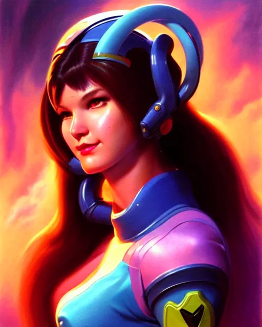 Image similar to d. va from overwatch, character portrait, portrait, close up, vintage fantasy art, vintage sci - fi art, radiant light, caustics, by boris vallejo