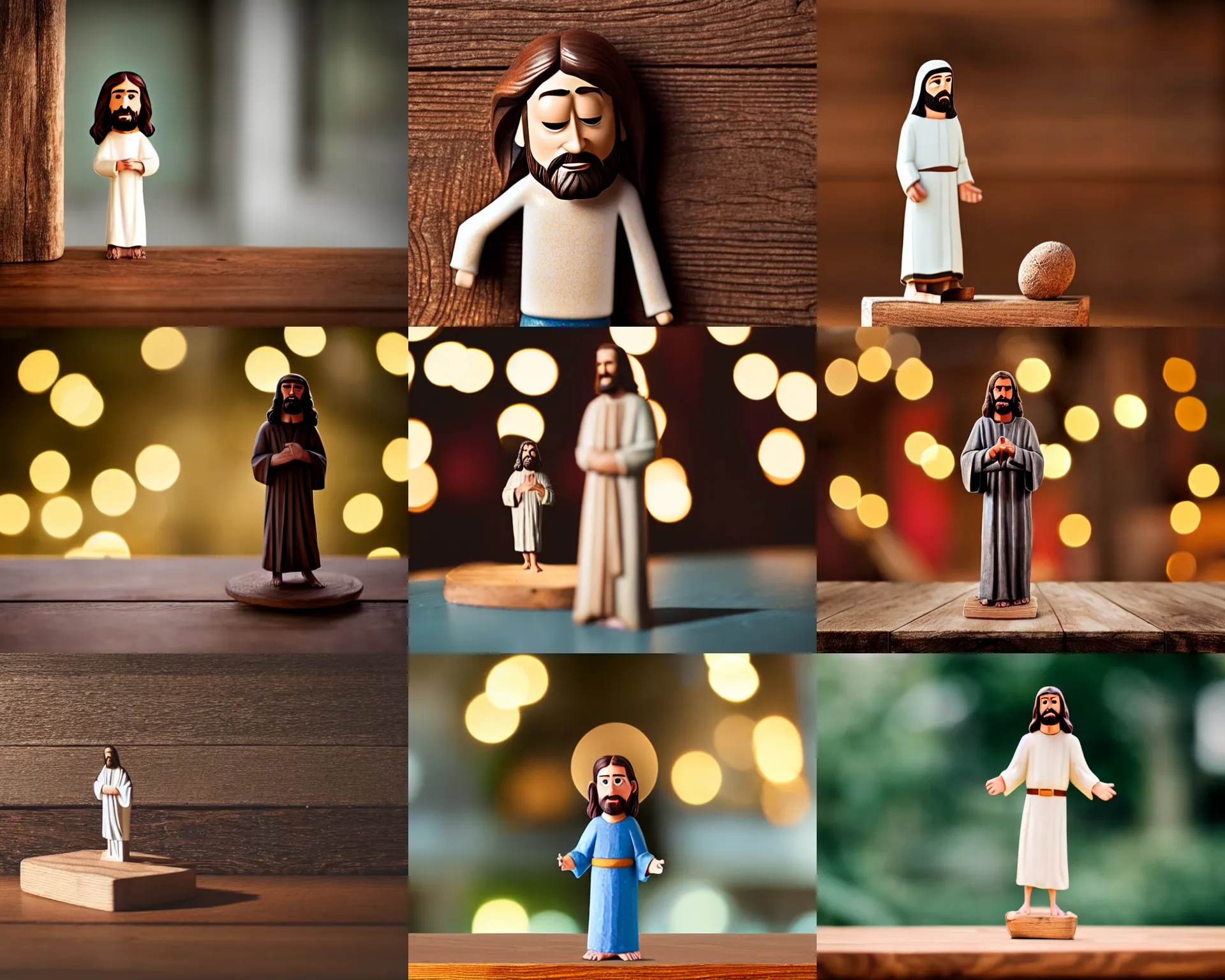 Prompt: jesus figurine by pixar sad bokeh on wooden table.