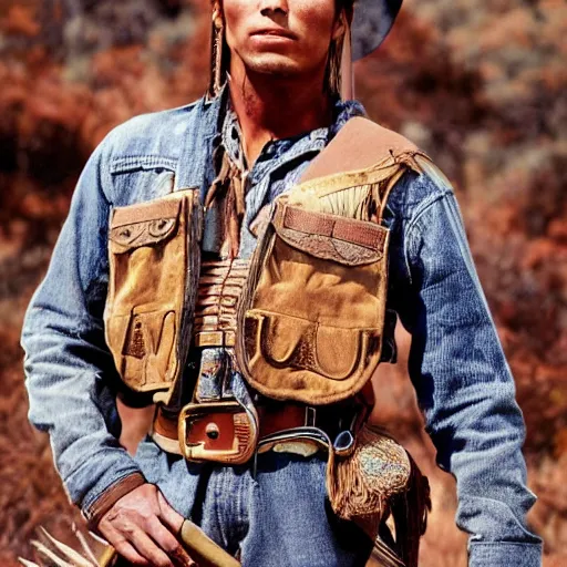 Prompt: young thin native American man wearing cargo buckskin jacket buckskin tactical toolbelt pockets bandolier, shaman deadlands, weird west