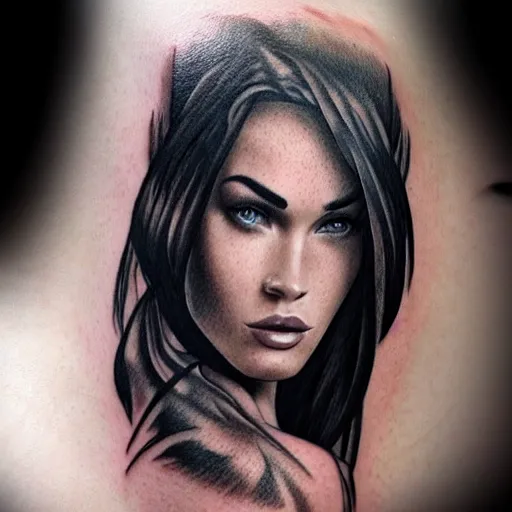 Image similar to tattoo sketch of megan fox's face shape in amazing mountain scenery, in the style of dan mountford