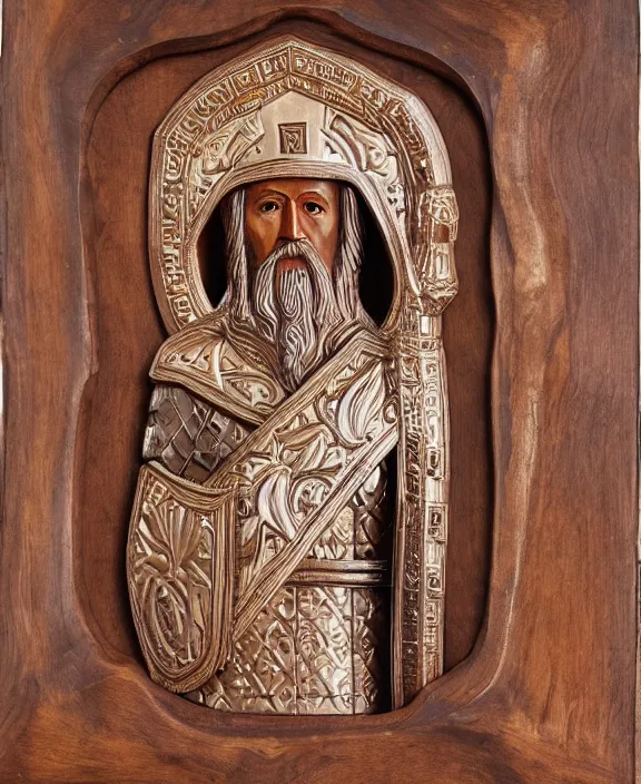 Image similar to orthodox wood carving of a paladin