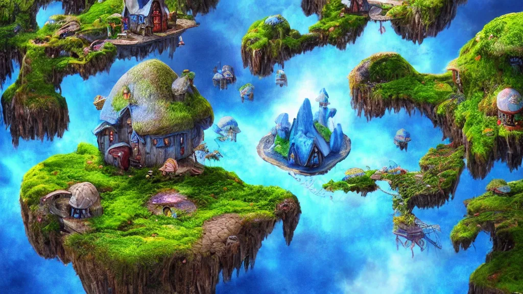 Prompt: fantasy micro world toadstool cottages islands suspended in the air like in the Avatar movie, fantasy artwork, very beautiful scenery, hd, hdr, unreal engine 5, cinematic 4k wallpaper, 8k, ultra detailed, high resolution, artstation