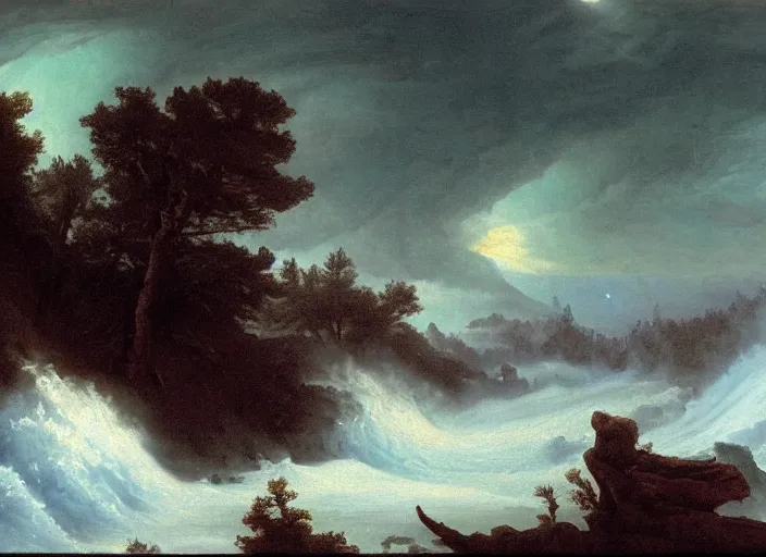 Prompt: earth after the cretaceous – paleogene extinction event, a harsh winter cools down the earth, blizzards envelop the lands and barely any sunlight gets through the thick dust clouds, dark skies, thick snow in the style of hudson river school of art, oil on canvas