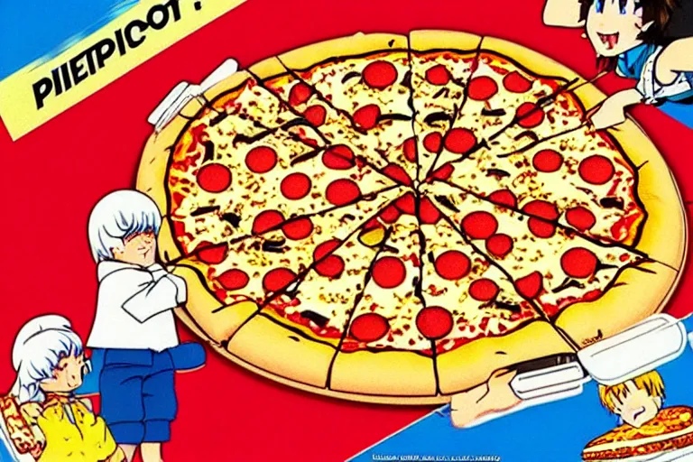 Image similar to pizza, 80s, advertisement, anime, explosion!!!!!!!!!!!!!!!