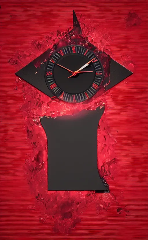 Image similar to a melting Roman numeral clock, behind a red and black gradient background, awith a black heart shaped on the top left corner and a black diamond card shape in the bottom right corner, dynamic lighting, photorealistic fantasy concept art, trending on art station, stunning visuals, cinematic, creative, ultra detailed