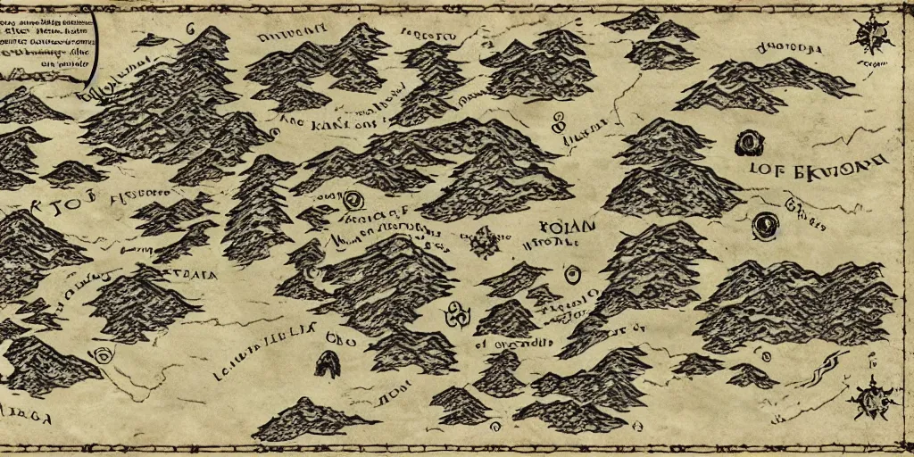Prompt: Map of the realm of the wolf crew. a continent in the shape of a wolf's face. Ancient magic, medieval fantasy map, mountains, islands, forests. Map-style Skyrim, Lord of the rings map, zelda breath of the wild map, video game style, drawing on a parchment