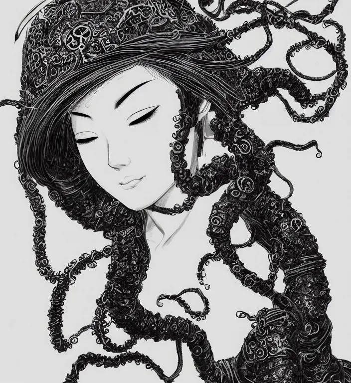 Prompt: buddhist taoist wuxia art ink pencil drawing painting of angel cg anime girl beautiful face portrait and mechanical tentacles and synaptic glows wearing black silk leather robe photorealistic cinematic shot with leica zeiss depth of field and lens flare in style of frank miller alex ross kentaro miura giger ito junji davinci trending on pixiv artstation flickr