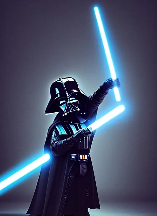 Prompt: kid wearing darth vader costume holding light saber - 3 d vfx art - of the sun, art style by james jean & hsiao - ron cheng, character concept art, unreal engine render, digital illustration, sharp, intricate detail, volumetric light, ray tracing, soft light, symmetric, pinterest, artstation, behance,