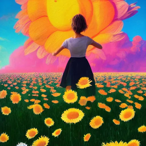 Image similar to face made of giant daisies, girl standing barefoot in a flower field, holding flowers, surreal photography, sunrise dramatic light, impressionist painting, colorful clouds, large sky, digital painting, artstation, simon stalenhag, flower face