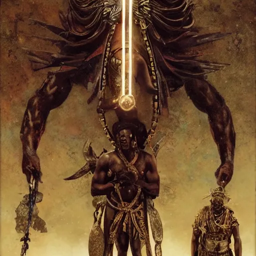Image similar to gods of africa, orisha mythology, giulio romano, octane ultra realistic, cinematic by tsutomu nihei by emil melmoth, gustave dore, craig mullins, yoji shinkawa
