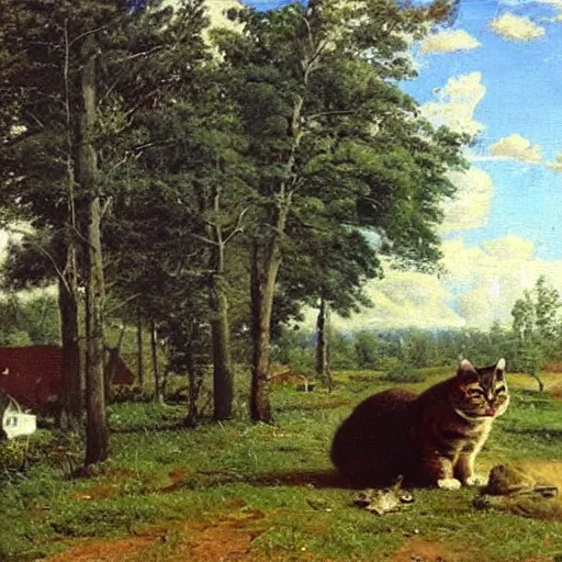 Image similar to huge cat near houses, oil painting by Ivan Shishkin