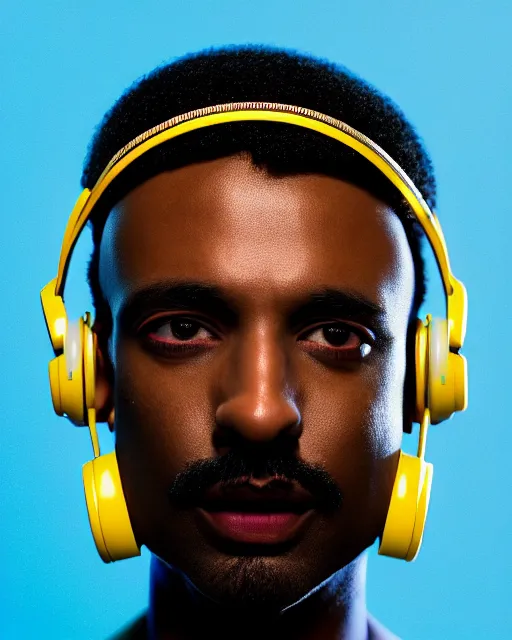 Prompt: hyperrealist highly intricate neo-modern portrait light blue pearlescent a cyberpunk black man at 20s with robot eyes, short hair, tiny thin mustache, thin face, wearing headphones, holding a big camera, concept art pascal blanche key sage dramatic yellow lighting 8k high angle shallow depth of field