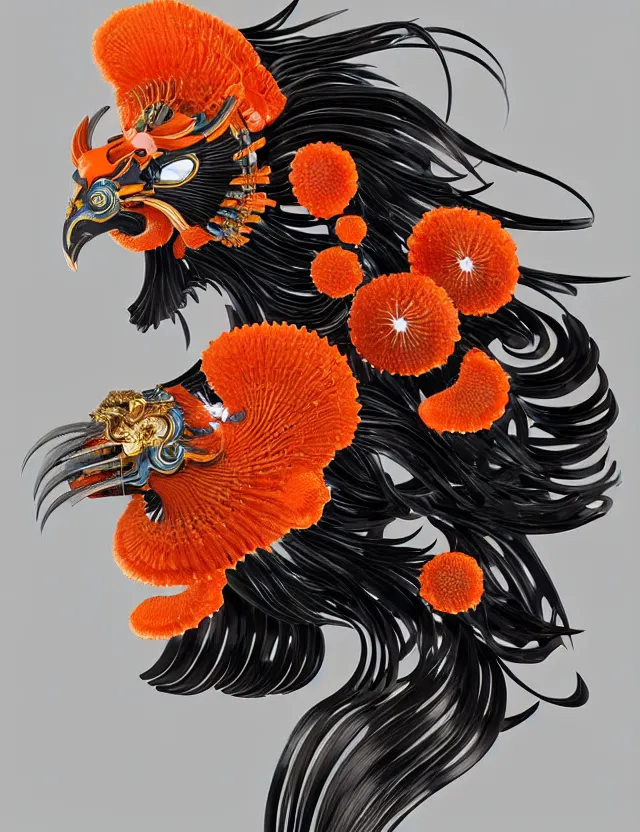 Image similar to 3 d goddess close - up profile portrait biomechanics with ram skull. beautiful intricately detailed japanese crow kitsune mask and clasical japanese kimono. betta fish, jellyfish phoenix, bio luminescent, plasma, ice, water, wind, creature, artwork by tooth wu and wlop and beeple and greg rutkowski. gold black teal and orange color scheme