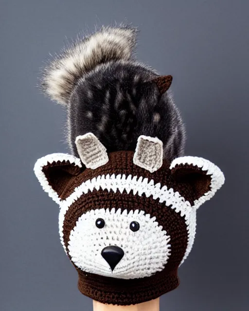 Prompt: a crocheted raccoon hat, very detailed, animal hat, cute details, product photo, promotional image, sharp focus, studio lighting. fzd school of design