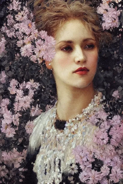 Image similar to close - up fashion black woman portrait airy flowers cloudy sky art by vasnetsov