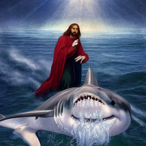 Image similar to Jesus Christ riding on a great white shark, detailed digital art, artstation, cgsociety, Art sacré, Religious art, by pre-raphaelite artist Dante Gabriel Rossetti