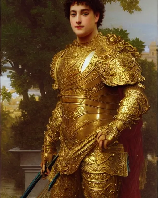 Image similar to Tom Hanks, dressed in ornate, detailed, intricate golden armor, detailed oil painting by William Adolphe Bouguereau