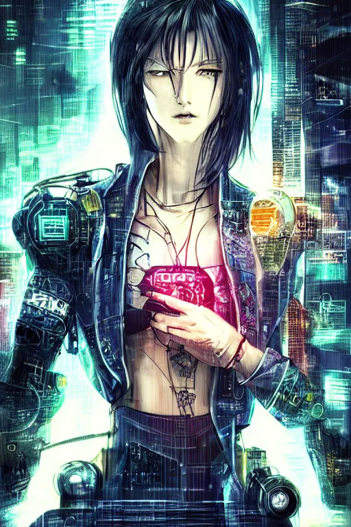 Prompt: \'Cyberpunk detective. Сoncept art. Artwork by Yoshitaka Amano. photoillustration