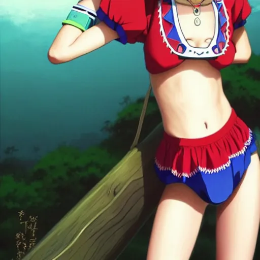 Image similar to beautiful boyish natalie portman gravure model in majora's mask, wearing wooden mask and baseball cap and leotard, street wear with subtle mayan patterns, aztec bathing suit, gapmoe yandere grimdark, trending on pixiv fanbox, painted by greg rutkowski makoto shinkai takashi takeuchi studio ghibli, akihiko yoshida