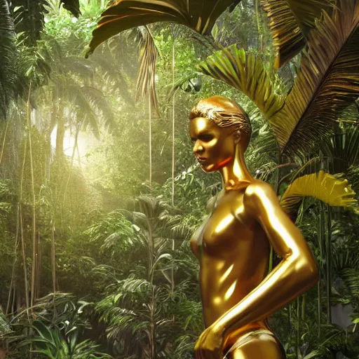 Image similar to a human sculpture made out of shiny gold, blurry jungle background, 8 k, octane render, cinematic lighting, epic shot, photorealistic