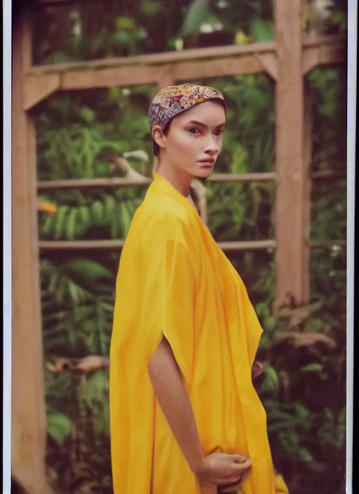 Image similar to grainy head to shoulder portrait Polaroid film photograph of an elegant top model wearing a yellow kimono with a very detailed barn owl on her shoulder!!! in a tropical greenhouse. looking at the camera!!. super resolution. Extremely detailed. Polaroid 600 film. art by James Gurney.