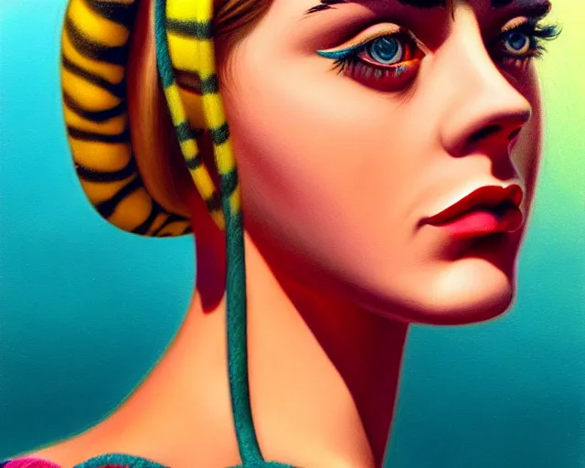 Image similar to closeup profile portrait of a 1 9 5 0 s cara delevigne wearing a bikini, mark ryden, lostfish, max fleischer, hyper realistic, artstation, illustration, digital paint, matte paint, vivid colors, bright, cheerful, detailed and intricate environment