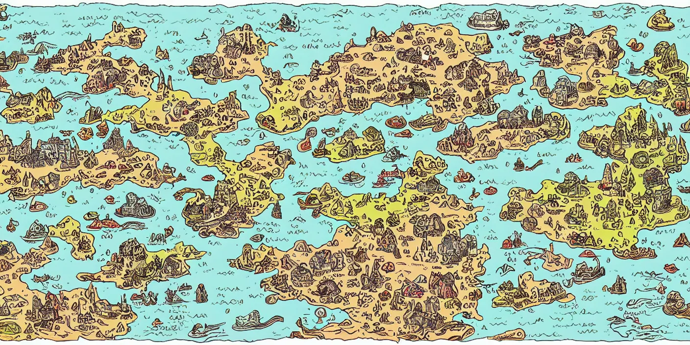 Image similar to a rpg map with regions in separated colors surrounded by ocean detailed, flat colors and strokes illustrated by Mattias Adolfsson