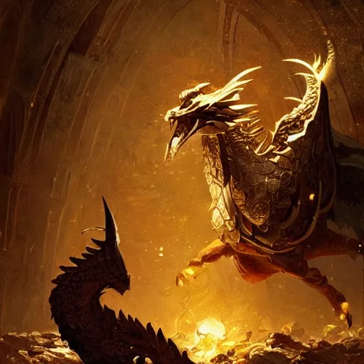 Image similar to a hobbit riding a golden dragon in an underground chamber, piles of gold coins scattered around the floor, fantasy painting by greg rutkowski