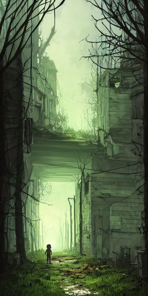 Prompt: abandoned apocalyptic old alley with a kid at the centre, trees background, epic green sunlight, perfect lightning, illustration by niko delort,