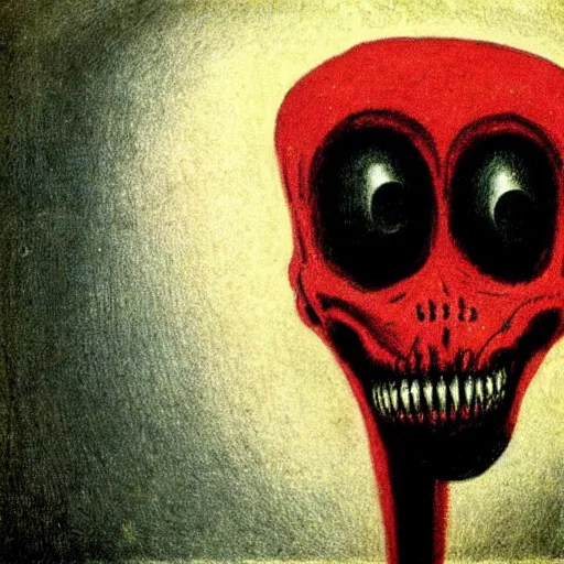 Image similar to humanoid with crooked teeth, two black eyes, long open black mouth, alien looking, big forehead, horrifying, killer, creepy, dead, looking straight forward, realistic, slightly red, long neck, boney, monster, tall, skinny, skullish, deathly, in the style of alfred kubin