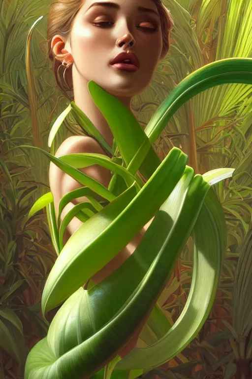 Image similar to ultra realistic illustration, cinema 4 d art, banana plants drawing, jade background, elegant, highly detailed, digital painting, concept art, intricate, anatomical correctly body, swirl, smooth, sharp focus, illustration, art by artgerm and greg rutkowski and alphonse mucha