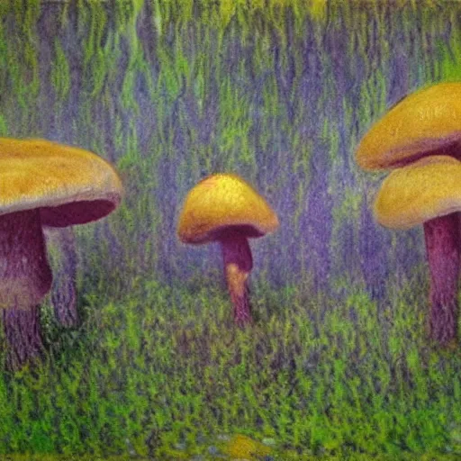 Image similar to mushroom forest, painted by monet, highly detailed, highly intricate, sense of scale, vast, mysterious, purple, smoke