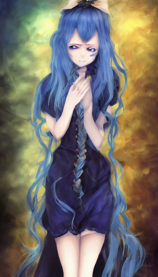 Image similar to ''frederica bernkastel from umineko when they cry, long blue hair, creepy art, fantasy artwork, concept art, artstation, digital paintting, 4 k''