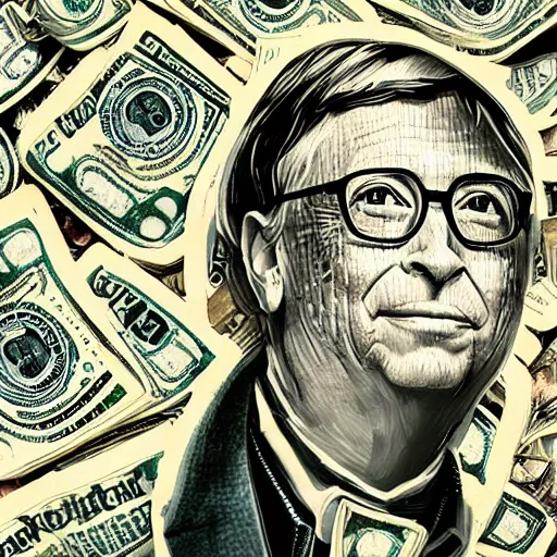 Image similar to Bill gates building gates made of dollar bills, rococo painting, smooth, sharp focus,, pixiv, ultra highly detailed