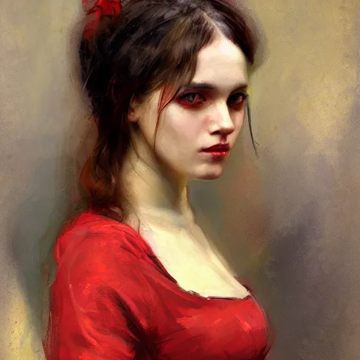 Prompt: Solomon Joseph Solomon and Richard Schmid and Jeremy Lipking victorian genre painting portrait painting of a young beautiful woman marverl DC comic book character fantasy costume, red background