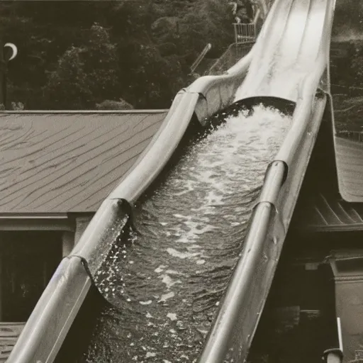 Image similar to 1 9 9 0 s polaroid photograph of a log flume going down a slide making a big splash, during the day, crowd of people getting splashed with water, weathered image artifacts